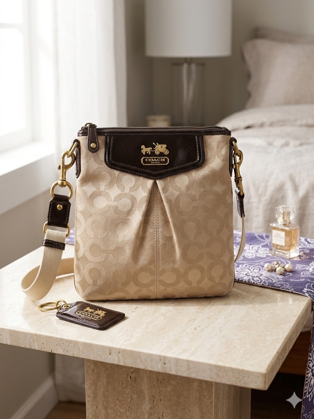 Coach Beige Signature Canvas Crossbody with Dark Brown Leather Trim